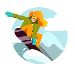 Redhead girl in olive jacket and orange pants is jumping on a snowboard on a frosty sunny day. Vector flat illustration