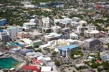 Aerial view of coastline of Grand Cayman, Cayman Islands, Capital, George Town, Financial District