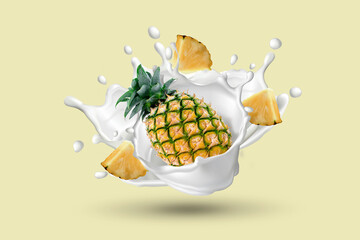 Fresh pineapple with milk yogurt splash