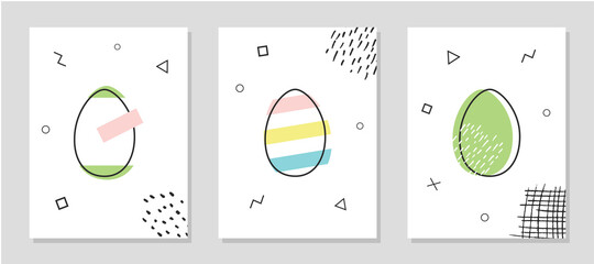 Set of cards with Easter eggs in memphis style. Easter graphic minimal posters
