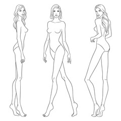 Beautiful slim women sketch, vector illustration. Nine head fashion figure templates. Fashion models walking on the podium.