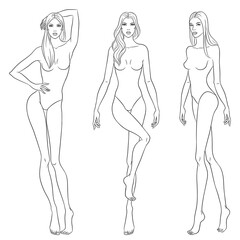 Beautiful slim women sketch, vector illustration. Nine head fashion figure templates. Fashion models walking on the podium.