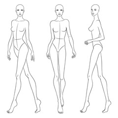 Beautiful slim woman in different poses, vector illustration. Nine head fashion figure template. Female body, front, side and back views.