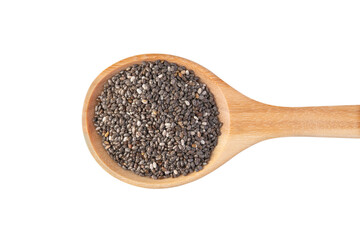 Wooden spoon with black chia seeds isolated on white background with clipping path, Top view