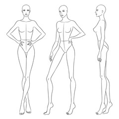 Beautiful slim woman in different poses, vector illustration. Nine head fashion figure template. Female body, front, side and back views.