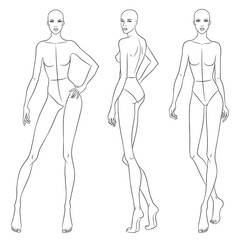 Beautiful slim woman in different poses, vector illustration. Nine head fashion figure template. Female body, front, side and back views.