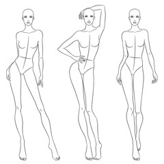 Beautiful slim woman in different poses, vector illustration. Nine head fashion figure template. Female body, front, side and back views.
