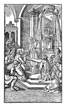 Man receiving wafer, host, body of Christ or sacramental breast from priest in church. Antique vintage religious engraving or drawing illustration.