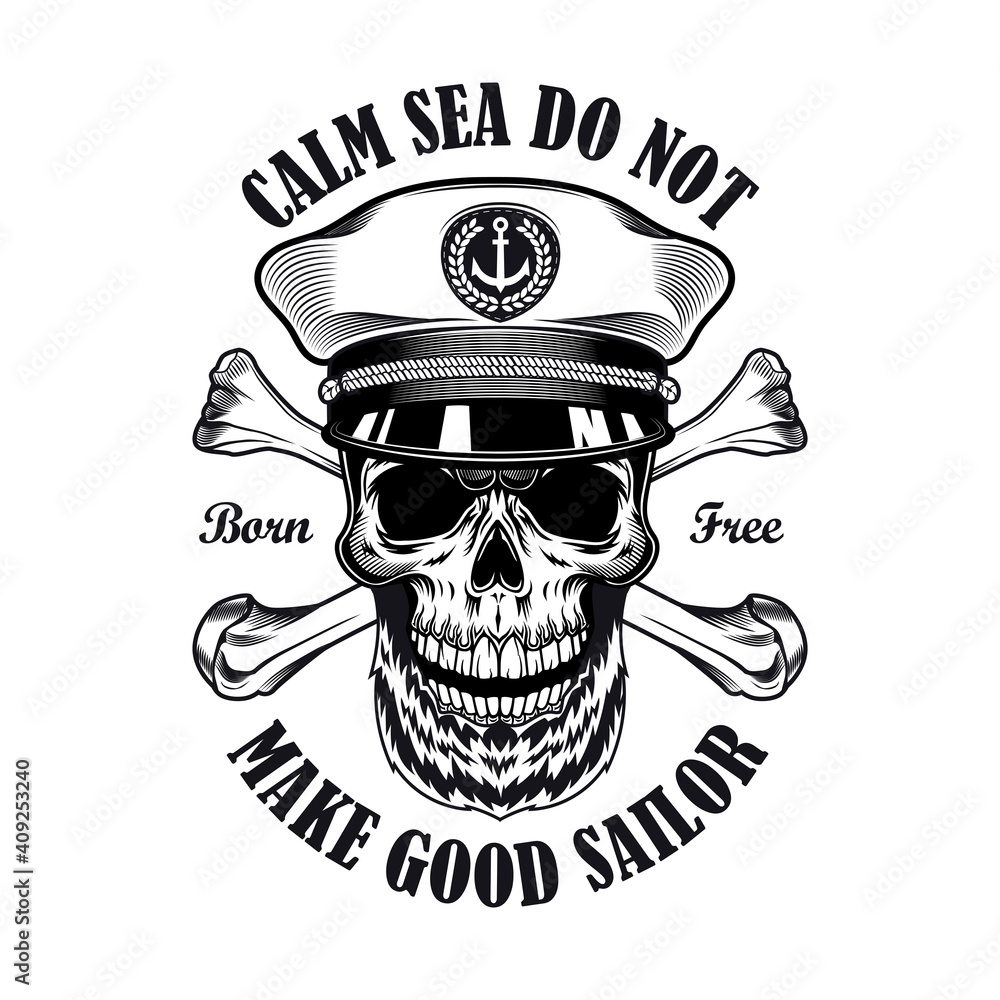 Poster captain emblem design. monochrome element with skull in ship captain cap, crossed bones vector illus