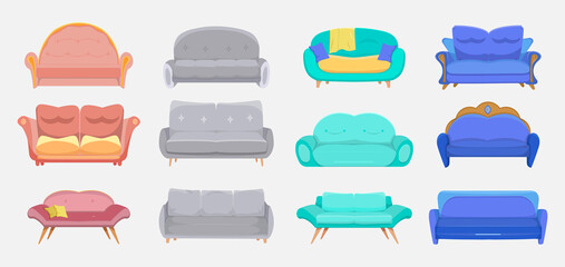 Modern couches set. Sofas for hotels and homes, living room furniture, divans for lounge interior. Vector illustrations for upholstery, apartment design, comfortable house concept