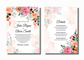 Set wedding invitation card with watercolor blooming flowers