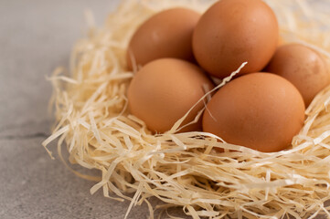 Eggs in a nest on a gray concrete background.