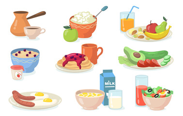 Healthy breakfast meals set. Plates with fresh fruit, vegetables and pancakes, bawls with salads and cereal, smoothie, coffee. Vector illustration for food, nutrition, menu concept