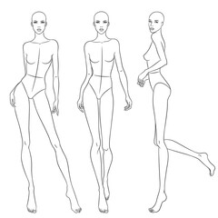 Beautiful slim woman in different poses, vector illustration. Nine head fashion figure template. Female body, front, side and back views.