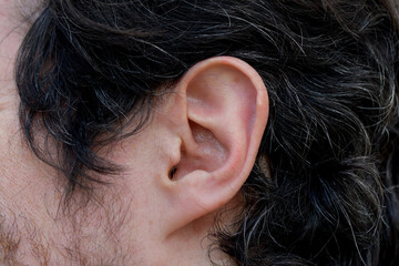 Horizontal photo man with dark hair in profile zoom in ear, listen to hear
