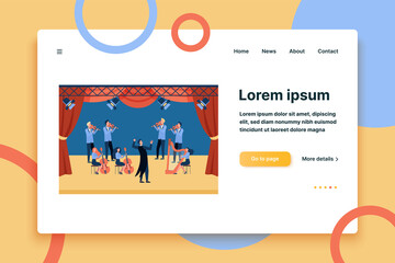 Conductor and musicians standing on theater stage flat vector illustration. Cartoon people playing violin, cello and harp. Symphony orchestra and classical music concert concept