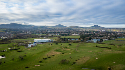 Fototapeta na wymiar Aerial View of Golf Course, Greystones and Wicklow Mountains