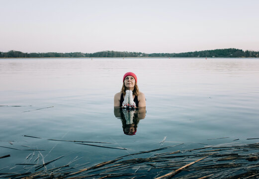 nordic woman focusing on breathing whilst swimming in the baltic sea