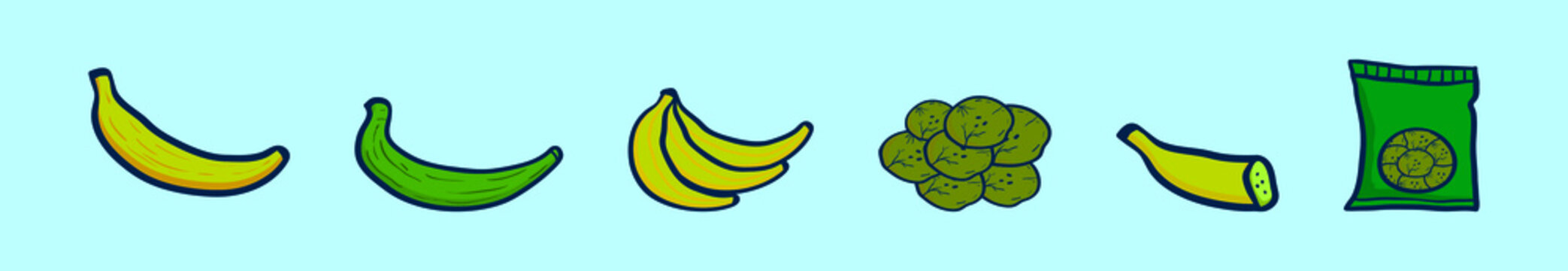 Set Of Plantain Banana Cartoon Icon Design Template With Various Models. Vector Illustration Isolated On Blue Background