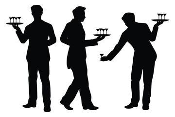 Set of waiter in restaurant silhouette vector on white background