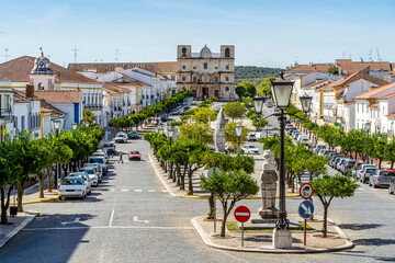 Main square in city center of historic Vila Vicosa, Alentejo, Portugal