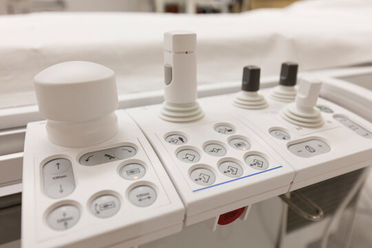 close-up view of a control command of an angiography table