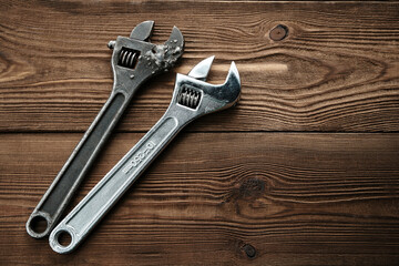 Single steel wrench isolated on white background. Swedish adjustable wrench. old wrench on isolated white background. plumbing repair. Tools.