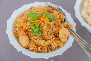Fried shrimp thai style in deck.