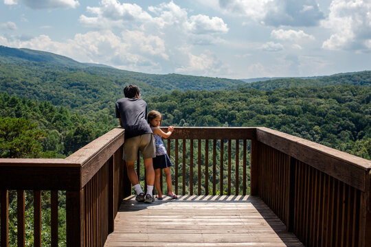 A small child leans against father on platform overlook of forest