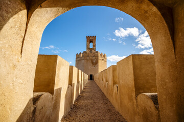 Famous tower in moorish fortified castle called Torre espantaperros, Badajoz, Spain