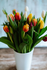 Colorful tulips with wooden background, spring flower still life