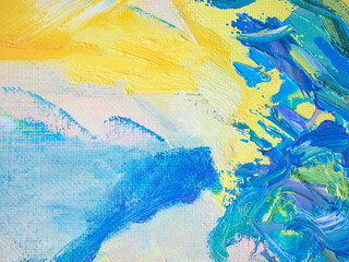 Blue and yellow background. Bright paint splashes. Abstract wellness and optimistic concept wallpaper.