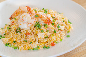 Unique style Thai shrimp fried rice serves on the dish