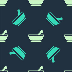 Green and beige Mortar and pestle icon isolated seamless pattern on blue background. Vector.