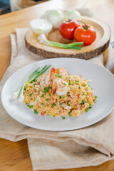Unique style Thai shrimp fried rice serves on the dish