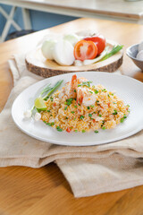 Unique style Thai shrimp fried rice serves on the dish