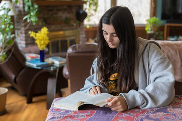 Mixed-race Teen girl with long hair reads book in comfortable interior
