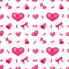 Watercolor Hand Painted Illustration Seamless Pattern Print Valentine's Day Pink Bow Ribbon Heart  White Background