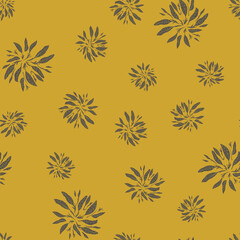 Random seamless pattern with grey colored simple foliage shapes ornament. Pale yellow background.