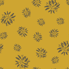 Random seamless pattern with grey colored simple foliage shapes ornament. Pale yellow background.