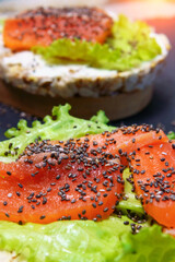 Sandwich with salmon fillet, with cream cheese lettuce and Chia seeds. close-up, selective focus. vertical photo