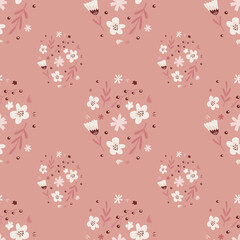 Tender spring seamless nature pattern with white simple flowers silhouettes and leaf shapes. Pink background.