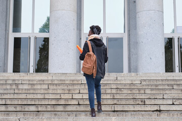 University female african student climbing stairs to enter into the school building on campus. College life concept.