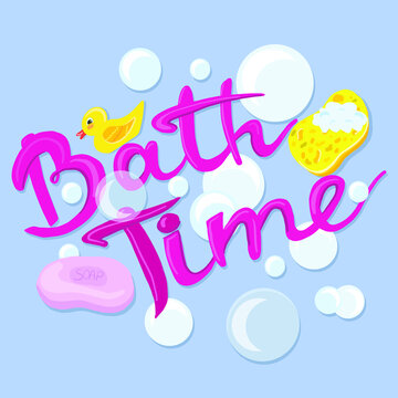 hand written vector pink Bath Time with bubbles and soap and rubber yellow duck on the blue background