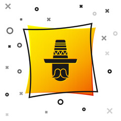 Black Mexican man wearing sombrero icon isolated on white background. Hispanic man with a mustache. Yellow square button. Vector.
