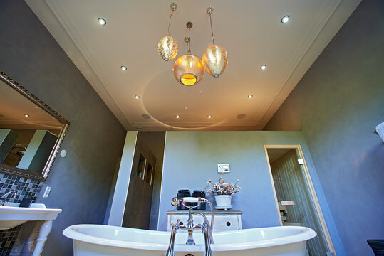 Designer bathroom with free standing bathtub and beautiful features