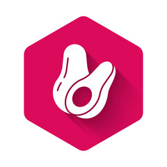 Obraz premium White Avocado fruit icon isolated with long shadow background. Pink hexagon button. Vector.