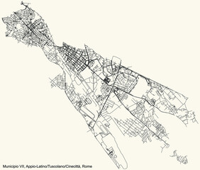 Black simple detailed street roads map on vintage beige background of the neighbourhood Municipio VII – Appio-Latino/Tuscolano/Cinecittà municipality of Rome, Italy
