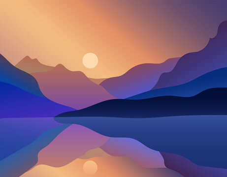 Flat landscape with Mountain Peaks and purple gradient sky at sunrise with reflection. Vacation and Outdoor Banner. Recreation and Meditation Seascape Concept. Serenity Vector illustration background.