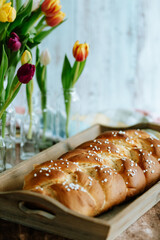 Fresh baked sweet braided yeast bun, food, still life